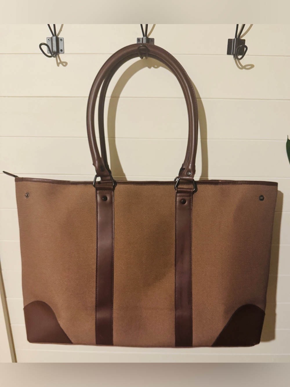 L.L.Bean Large Oversized Brown Tote Bag Leather Trim Zip Top 24” x 14”